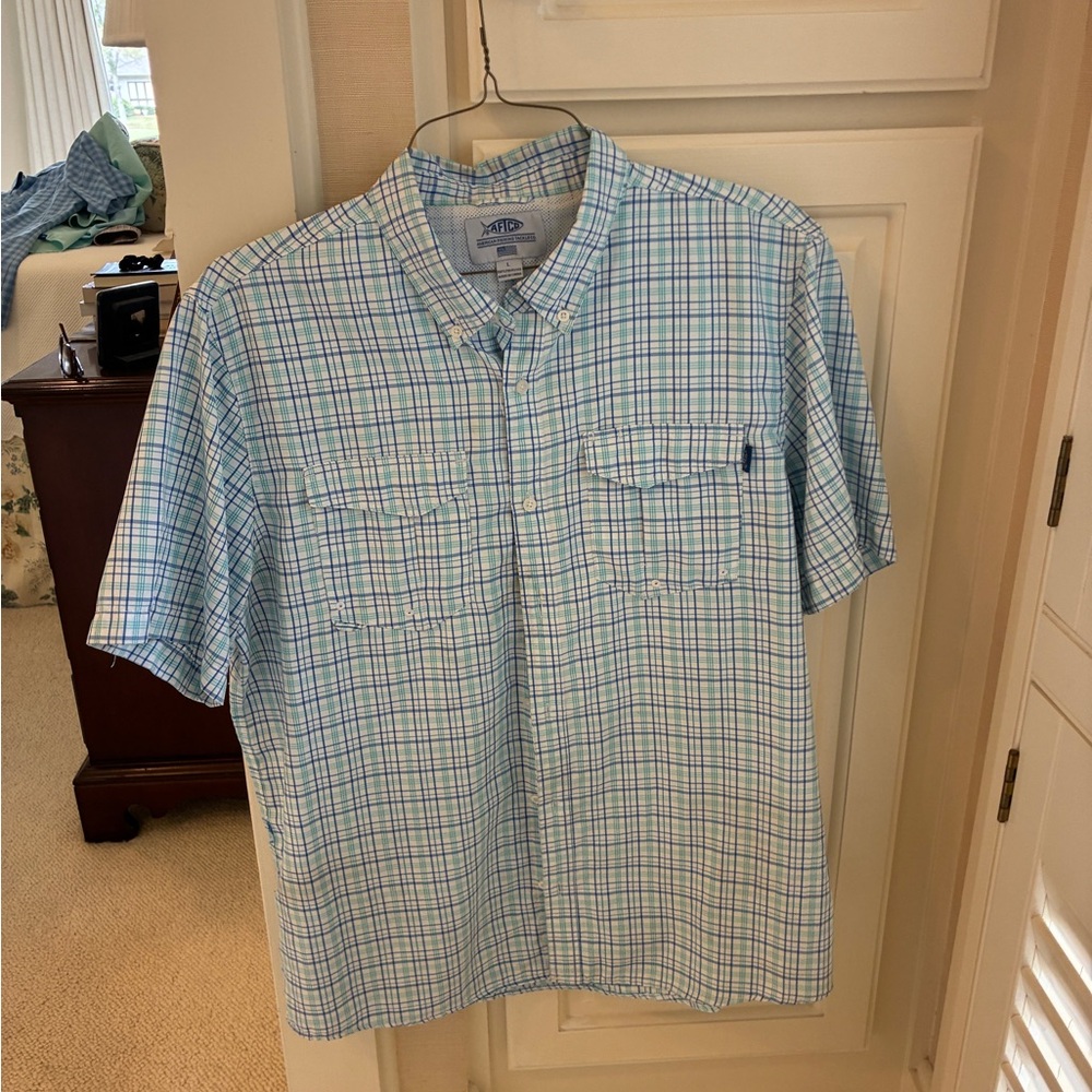 AFTCO Light Blue and Green Plaid Shirt